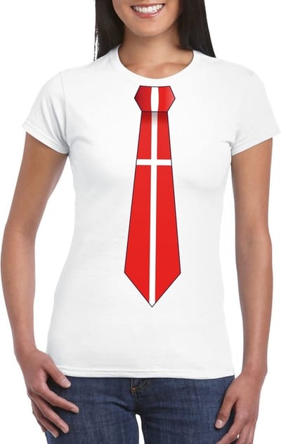 Wit t-shirt met Deense vlag stropdas dames - Denemarken supporter S