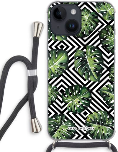 Case Company® - Hoesje met koord geschikt voor iPhone 14 hoesje met Koord - Geometrische jungle - Telefoonhoesje met Zwart Koord - Bescherming aan alle Kanten en Over de Schermrand