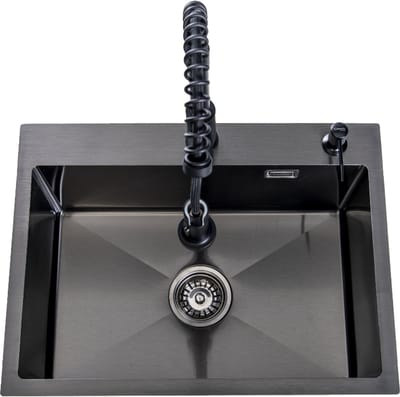 Lendo Online Spoelbak voor keuken met keukenkraan met uittrekbare uitloop en zeepdispenser 59x44x20cm - Zwart / Antraciet RVS - Roestvrij staal - Wasbak met waterafvoersysteem - Gootsteen + bevestigingshaken Binnenmaat: 54x35cm