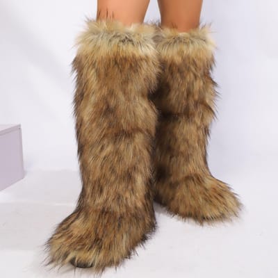 Dames Knielange Fuzzy Faux Fur Laarzen - Zacht, Warm en Comfortabel Instapmodel met Platte Hak Dames Pluche Warme Plateauschoenen 37 kaki