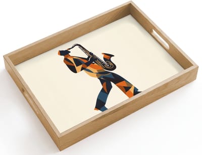 Dienblad hout 40x30 cm - Schootdienblad - Saxofoon - Abstract - Persoon - Blauw - Borrelplank rechthoek - Plateau dienbladen