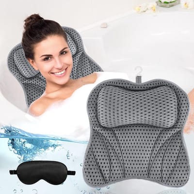 Dutchers® Badkussen incl. zwart Oogmasker - Orthopedisch HoofdSteun voor in Bad - 4D luchtgaasstof, ademend en sneldrogend - Nekkussen met Zuignappen - Extra Zacht - Geen Harde Badrand meer - Grijs - Ondersteunt Hoofd, Nek en Rug
