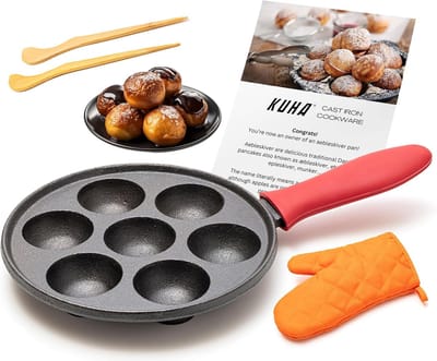 Aebleskiver Pan - Deense Pannenkoeken - Traditioneel Bakken - Gietijzer Inclusief Accessoires - 20 cm Diameter - Zwart