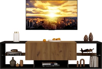 3-laags tv-meubel voor tv's tot 70 inch, modern tv-meubel met glazen opbergplank en 2 lades, tv-standaard, geschikt voor woonkamer en slaapkamer, zwart