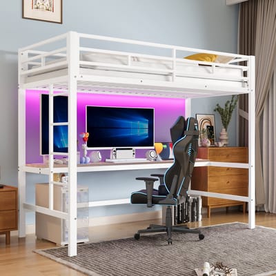Wishdor Hoogslaper 90x200 cm – LED met App & Bureau met Stopcontact/USB/Type-C – Metaal Wit – Slimme Kinderkamer