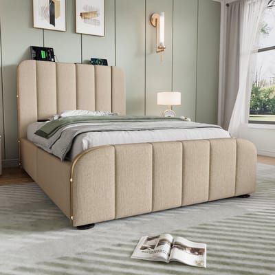 Wishdor Gestoffeerd Eenpersoonsbed 90x200 cm - Opbergbed met 4 Lades en USB/Type-C Aansluiting - Beige Linnen met Gouden Accenten - Inclusief Lattenbodem