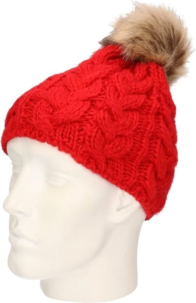 Gebreide kabel wintermuts rood met pompon voor dames