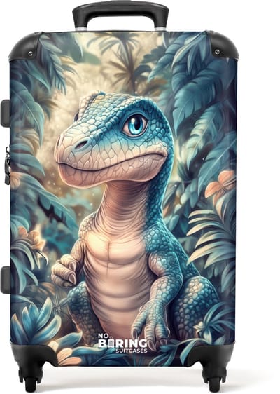 NoBoringSuitcases.com® - Kinderkoffer jongen - Kindertrolley jongens - Dino in mystieke jungle met maanlicht - Koffer kind groot - Rolkoffer lichtgewicht - Reiskoffer met 4 wielen - Grote trolley XL - 20 kg bagage