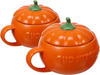 Set van 2 Halloween Pompoenbekers - Keramische Tafelgerei met Deksel in Oranje voor Feestdecoratie