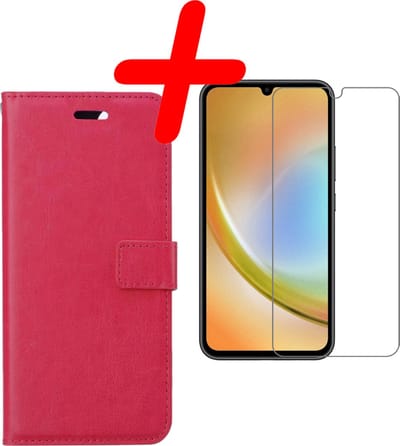 Hoesje Met Screenprotector - Geschikt voor Samsung Galaxy A34 - Luxe Pasjeshouder - Bookcase Portemonee - Flip Case - Kunstleer Book Case - Flipcase - Book Cover - Walletcase - Portemonneehoes - Donkerroze