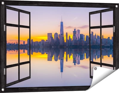 Gards Tuinposter Doorkijk New York Skyline bij Zonsopgang - 90x60 cm - Tuindoek - Tuindecoratie - Wanddecoratie buiten - Tuinschilderij
