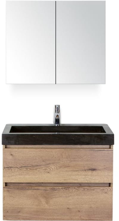 Maxx XL Badmeubelset 80 cm - Natuur Eiken - Wastafel Lucca 1 Kraangat met Spiegelkast