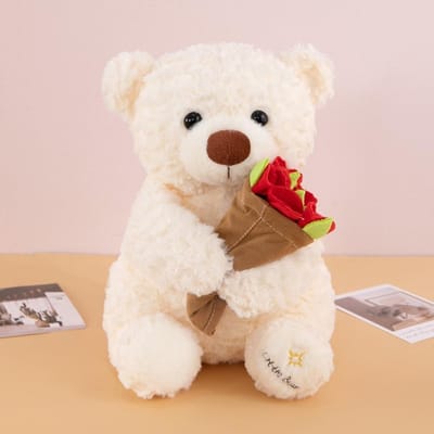 Kawaii Romantische Rozenbeer Pluche Speelgoed Afneembaar Bloemenkleed Beer Draagt Rozenhoed Cartoon Boeket Beer Pop Woondecoratie 25cm wit