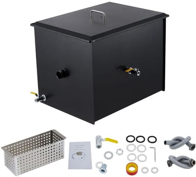 Vetafscheider met grote capaciteit voor professionele keukens – 20 lbs, koolstofstaal met laklaag, 10 GPM – 3-trapsfiltratie – Olie-waterafscheider voor onderbouw – Inlaat aan de zijkant – 59 × 42 × 35 cm – Zwart
