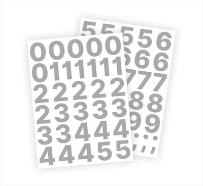 Cijfer stickers / Plaknummers - Stickervellen Set - Metallic Zilver - 4cm hoog - Geschikt voor binnen en buiten - Standaard lettertype - Mat