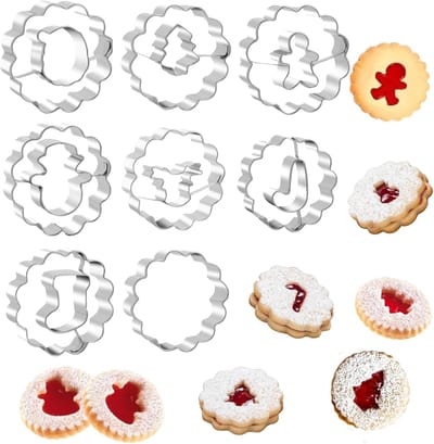 8 stks Kerst Linzer Cookie Cutters, Kerst RVS Cookie Cutters, Mini Gecanneleerde Ronde Biscuit Cutters Hollow Biscuit Mould Pastry Cutters DIY Bakken Tray