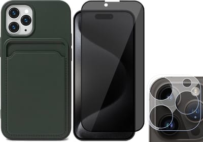 Hoesje Pasjeshouder geschikt voor iPhone 15 Pro - Privacy Screenprotector FullGuard + Camera Lens Screen Protector - Siliconen Case Back Cover Groen