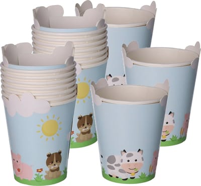Givi Italia Feestbekers met hoesjes - 24x - boerderij dieren - papier - themafeestje - 250ml - kinderfeestje - wegwerpbekers