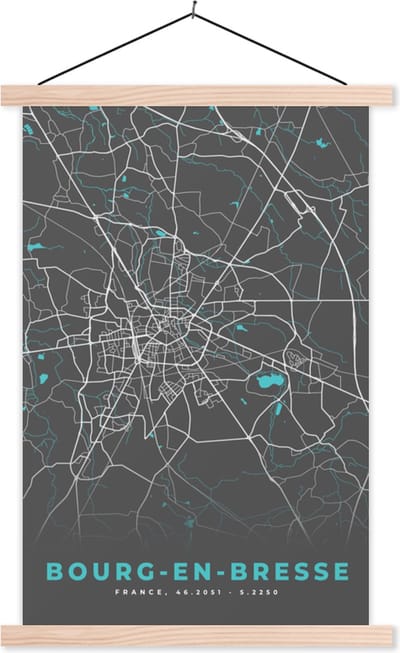 Posterhanger incl. Poster 40x60 cm - Schoolplaat - Bourg-en-Bresse - Plattegrond - Stadskaart - Kaart - Frankrijk - Textielposter - Blanke latten - Stadskaart