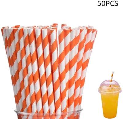 50 gestreepte papieren rietjes, geschikt voor levensmiddelen, biologisch afbreekbaar, geschikt voor feesten, Kerstmis, bruiloften, afscheidsfeestjes en taartdecoratie, oranje, 0,6*19,6 cm