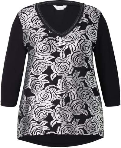 MIAMODA - Dames - T-shirt A-lijn zilverkleurig rozenmotief - Zwart - Maat 44