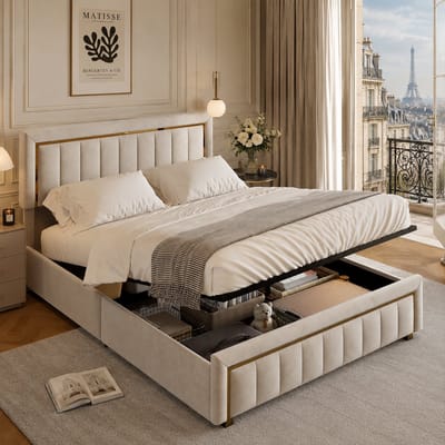 Opbergbed 140x190 cm met lattenbodem, tweepersoonsbed met hydraulische opbergruimte en hoofdbord, gestoffeerd voor volwassenen en tieners, fluweel Beige