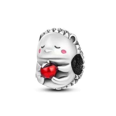 Fler® | Bedel | Past op populaire bedelarmbanden (standaard - 3mm) | Egel met appel Bedel | Hangbedel Charm | 925 sterling zilver | Rode, Roze & Zwarte emaille | Armband Kraal | Valentijnsdag Cadeau | Sinterklaas kado | Kerstcadeau | Verjaardag