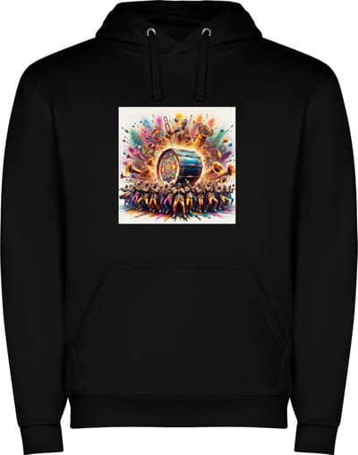 Zwarte unisex hoodie met “ Kleurrijke Brass Band – Muziek – Amerikaans – Feest “ Print Full Color merk Roly maat M