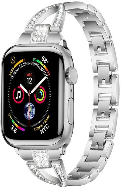 Stalen bandje met glitterstenen - geschikt voor Apple Watch 1/2/3/4/5/6/7/8/9/10/11/ SE (1,2,3) met maat 38 mm / 40 mm / 41 mm en 42 mm (Watch 10/11) - rvs met kliksluiting - zilver