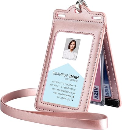 Badgehouder met Lanyards - Kaarthouder Nek - Identificatie Tonen - Van Leer - Houdt 6 Kaarten - Marineblauw