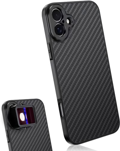 MOJOGEAR 17mm Lens Case voor iPhone 16 Plus - Geschikt voor Ulanzi, Apexel & Sandmarc Lenzen - Extra Sterk & Lichtgewicht - Carbon - Zwart