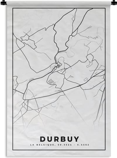 Wandkleed - Wanddoek - Zwart Wit – België – Plattegrond – Stadskaart – Kaart – Durbuy - 120x180 cm - Wandtapijt