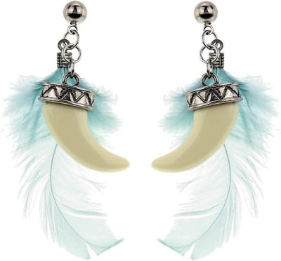 Behave® oorbellen zilverkleur met blauwe veer en tand 6 cm