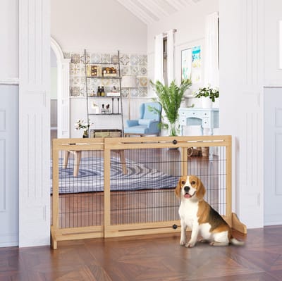 Hondenhek Verstelbaar – 2-Delig – 104-183 x 36 x 69 cm – Grenenhout En Metaal – Natuurkleur – Vrijstaand Voor Deur En Trap