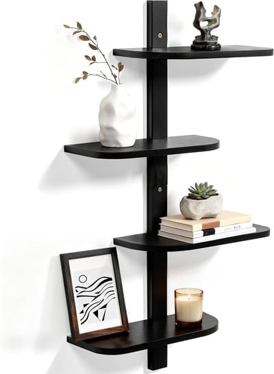 Vintage Houten Wandplank met 4 Niveaus, Verticaal Drijvend Ontwerp, Bruin met Ronde Hoeken, Ideaal voor Decoratie en Opslag