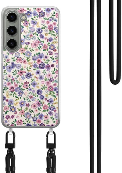 Hoesje met koord geschikt voor Samsung Galaxy S23 - Paarse bloemen - Inclusief Zwart koord - Crossbody beschermhoes - Transparant, Paars - Mooie Telefoonhoesjes