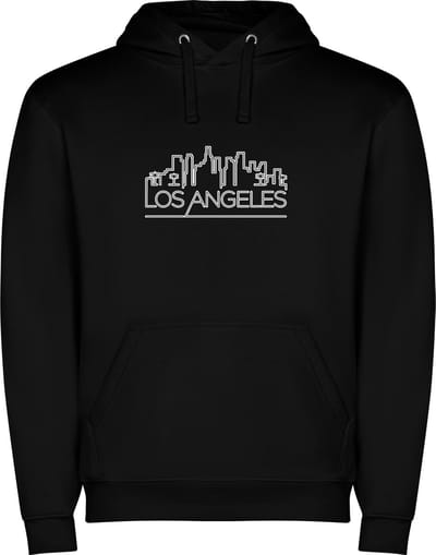 Zwarte unisex hoodie met “ Skyline Los Angeles – Vakantiegevoel – Strak – Modern “ Print Full Color Color merk Roly maat S
