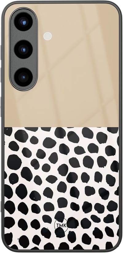 Hoesje geschikt voor Samsung Galaxy S25 - Brown dots abstract - Bruin - TPU luxe case (glossy toplaag) - Geometrisch patroon - Hardcase backcover zwart