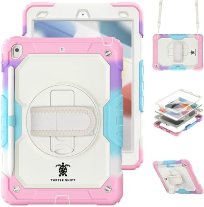 Geschikt voor iPad 9/8/7 Hoes - 9e/8e/7e Generatie - 10.2 Inch - 2021/2020/2019 - Turtle Shift Cover Hoesje - Schouderriem - Shockproof - Case - Met Standaard - Apple Pencil Houder - Regenboog