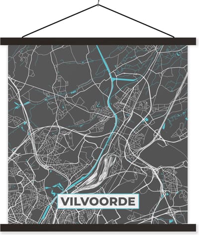 Posterhanger incl. Poster 60x60 cm - Schoolplaat - Stadskaart – Grijs - Kaart – Vilvoorde – België – Plattegrond - Textielposter - Zwarte latten - Stadskaart
