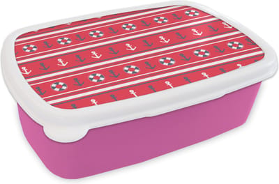 Broodtrommel Roze - Lunchbox - Brooddoos - Anker - Reddingsboei - Marine - Matroos - Patronen - 18x12x6 cm - Kinderen - Meisje