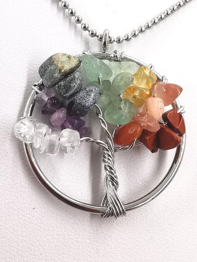 Ketting - verzilverd - L 50 cm met Edelsteen - Chakra - Tree of life - hanger - Ø 3cm - Made by hand. geven je balans en stabiliteit.