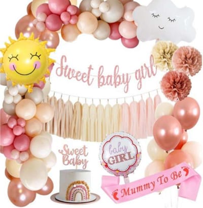 Joya Party® Babyshower Versiering Zacht Roze | Baby decoratie Roze | Versier pakket | Ballonnen Slinger rose goud | Geboorte Versierpakket Babyshower