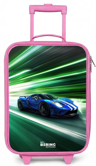NoBoringSuitcases.com® - Kinderkoffer roze - Kindertrolley meisje - Blauwe raceauto met strepen in groene tunnel - Koffer kind lichtgewicht - Reiskoffer trolley voor kinderen - Koffertje met lichtgevende wieltjes - Rolkoffer