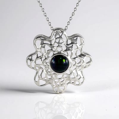 Cavill - Zilveren Halsketting 925 Sterling Zilver Gerhodineerd - 0,81 Ct Mezezo Opaal Rond Cabochon - Elegante Filigraan Hanger - Opaal Sieraden Dames
