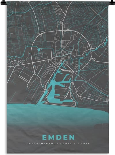 Wandkleed - Wanddoek - Plattegrond – Emden – Blauw – Stadskaart – Kaart - Duitsland - 120x180 cm - Wandtapijt