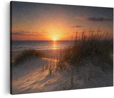 Artaza Canvas Schilderij Zonsondergang Strand - Duinen En Hoog Gras - 120x80 cm - Groot - Wanddecoratie Woonkamer - Schilderijen - Muurdecoratie