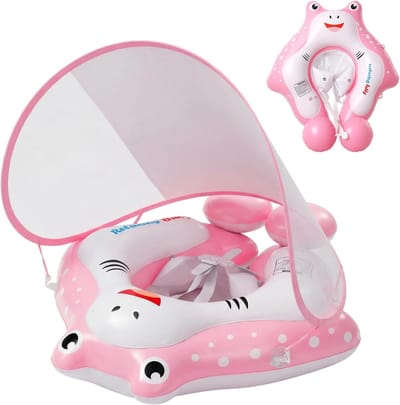 Baby Zwemstoel Roze Vis met Zonnekap en Pomp – Extra Veilige Anti-Kantel Zwemband voor Baby’s 12-36 Maanden (8-15 kg)
