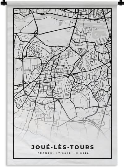 Wandkleed - Wanddoek - Frankrijk - Kaart - Plattegrond - Joué-lès-Tours - Stadskaart - Zwart wit - 120x180 cm - Wandtapijt
