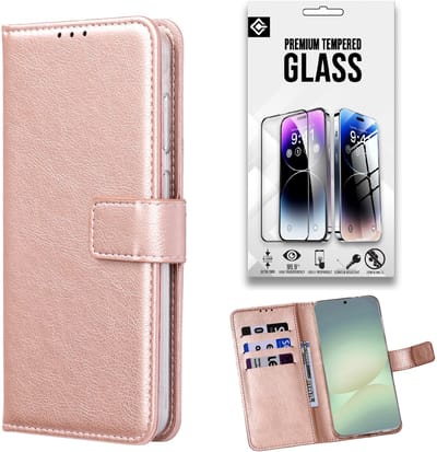 Casemania Hoesje Geschikt voor Samsung Galaxy A27 - Rosegoud - Portemonnee Book Case + 1x Glazen Screenprotector